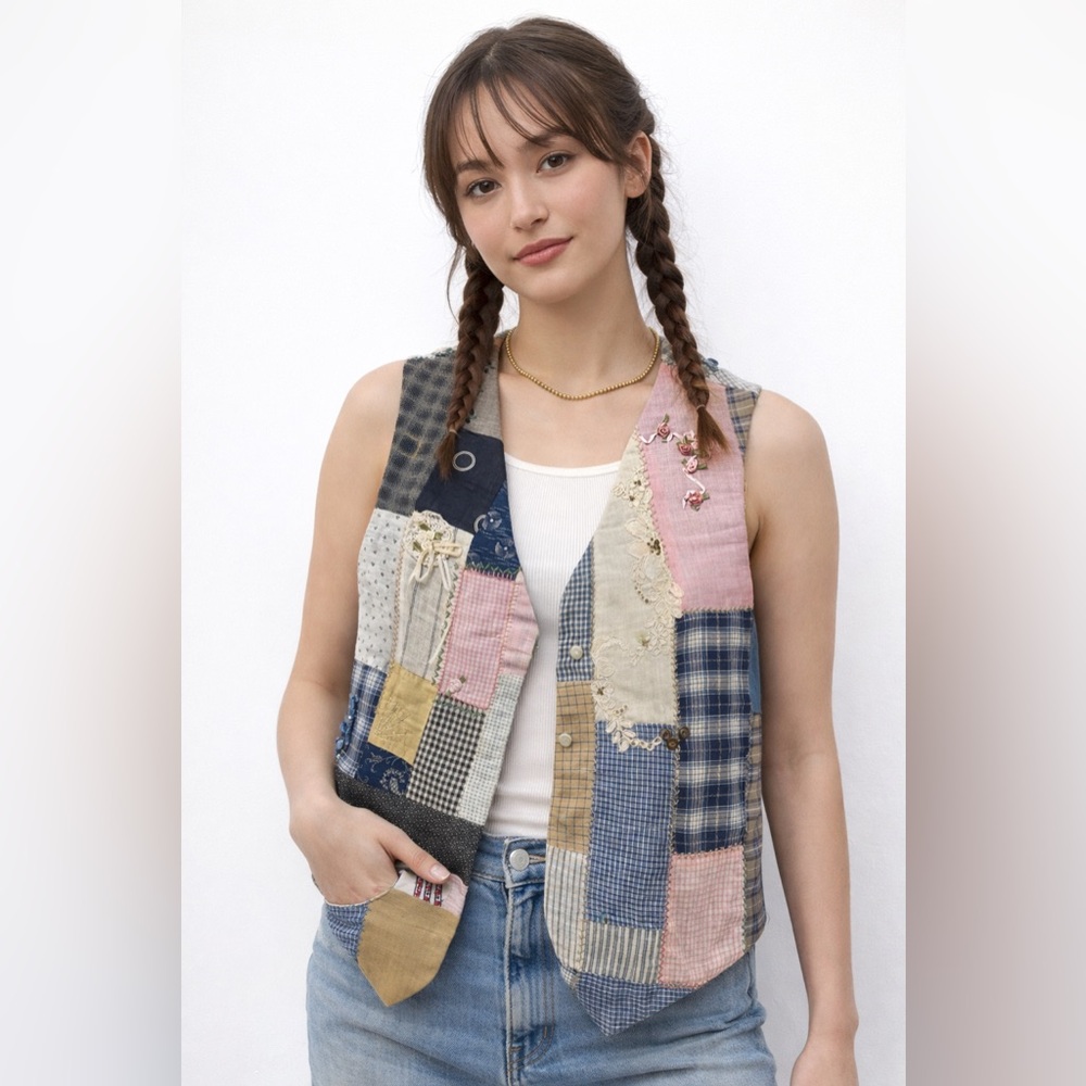 OOAK Handmade Patchwork Quilt Vest Cottagecore Boho Upcycled Folk Art Prairie